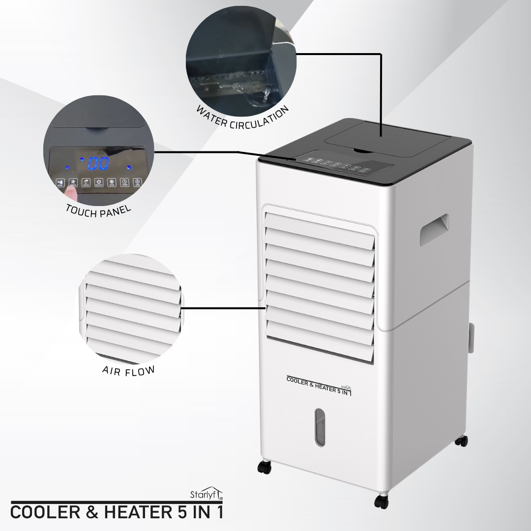 Enfriador de ambiente, calentador, ventilador, humidificador y purificador de aire.