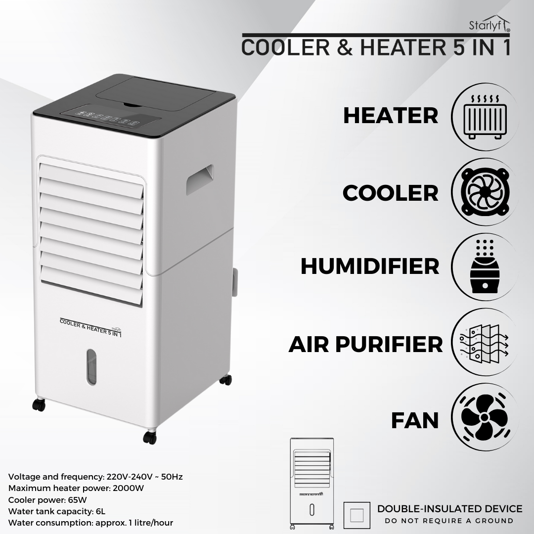 Enfriador de ambiente, calentador, ventilador, humidificador y purificador de aire.